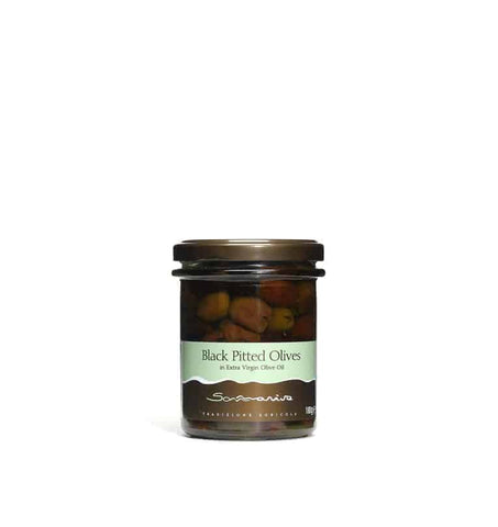 BLACK PITTED OLIVES 180G